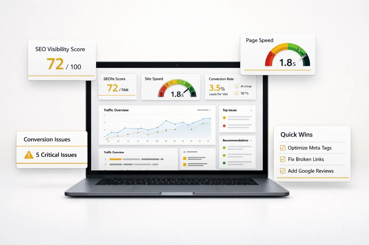 Website audit showing SEO, speed, and conversion opportunities