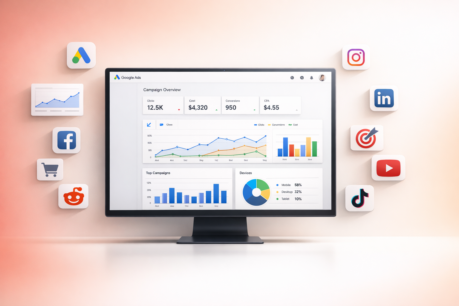 Google Ads campaign dashboard with performance metrics
