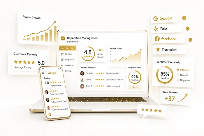 Review management dashboard showing ratings and responses