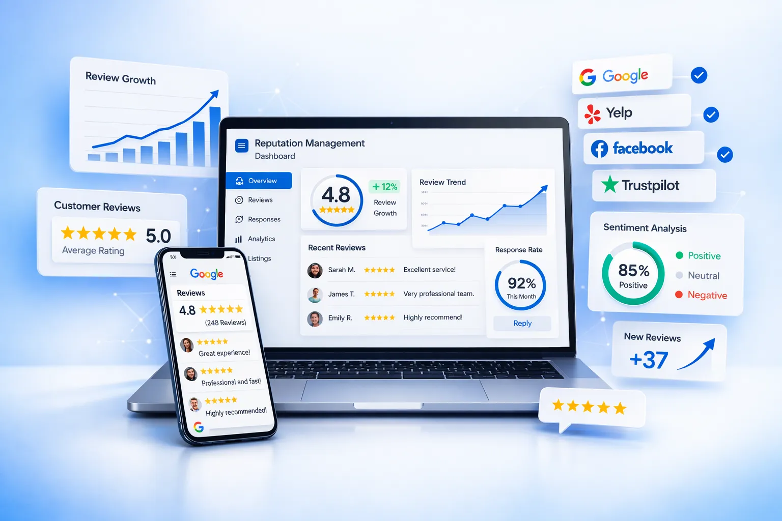 Review management dashboard showing ratings and responses