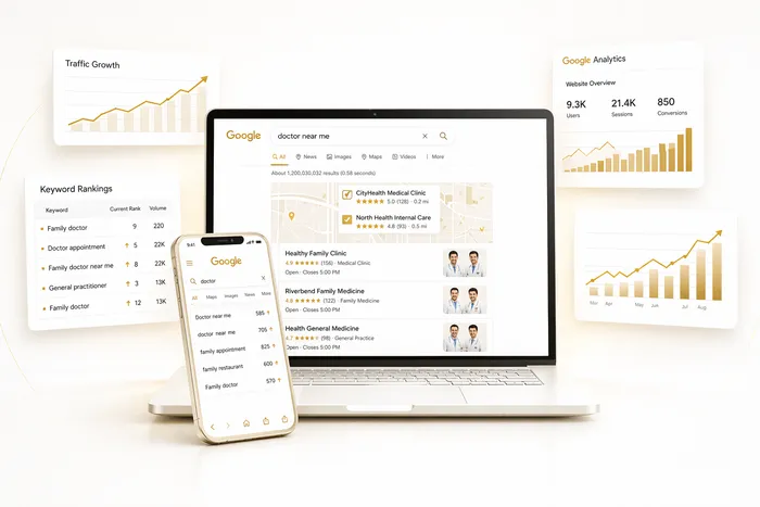 SEO analytics dashboard showing keyword rankings and traffic growth