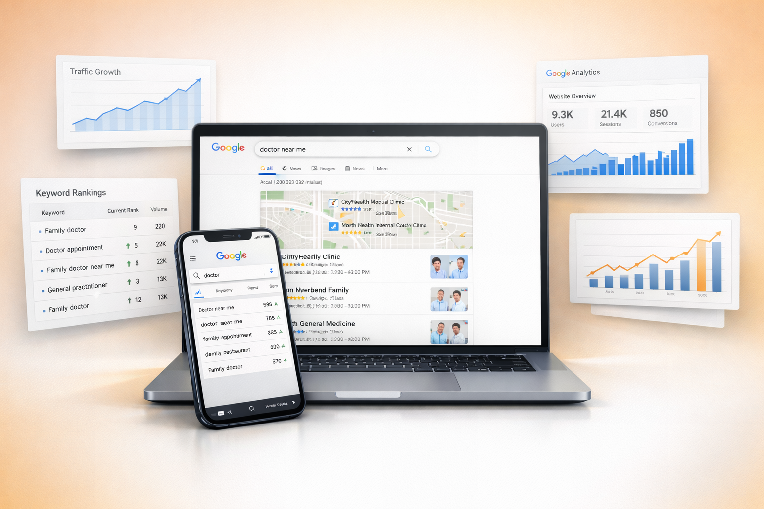 SEO analytics dashboard showing keyword rankings and traffic growth