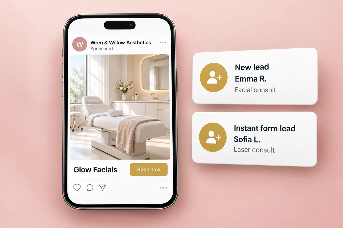 Illustration: a med spa’s sponsored social ad with two new leads
