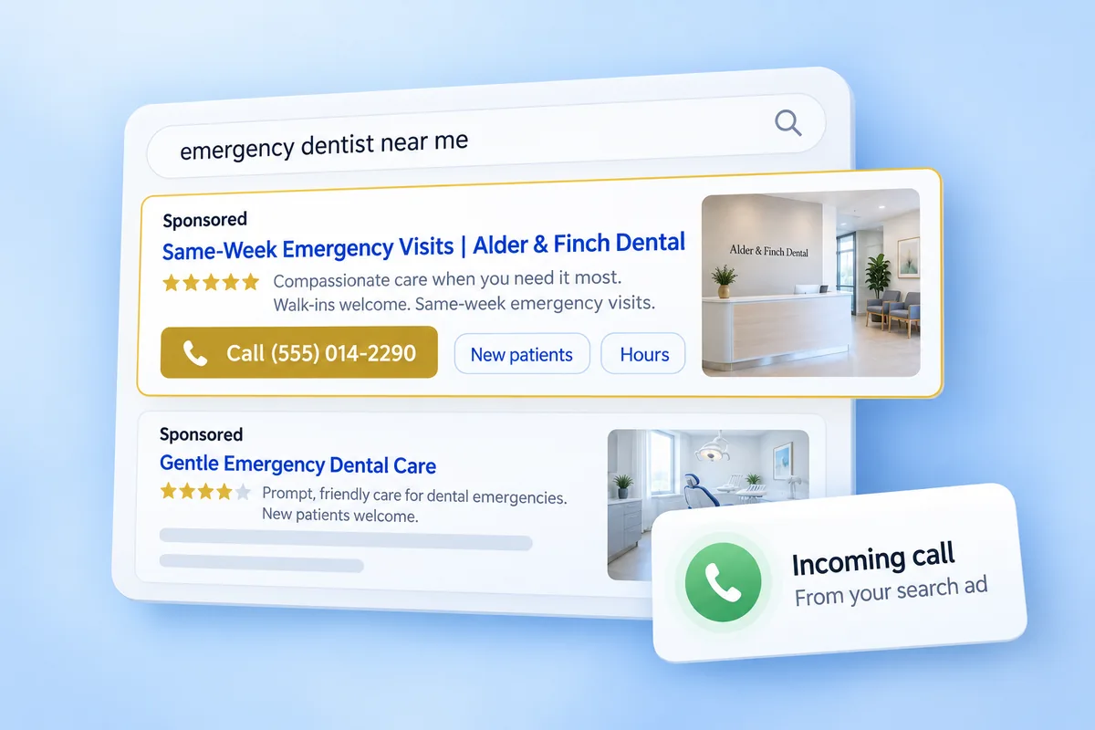 Illustration: a sponsored search ad for an emergency dentist with an incoming call