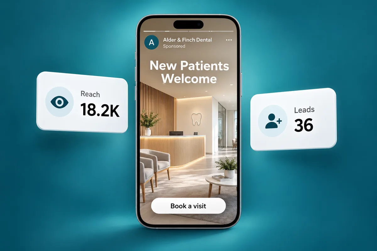 Illustration: a dental practice’s story ad with reach and lead counts