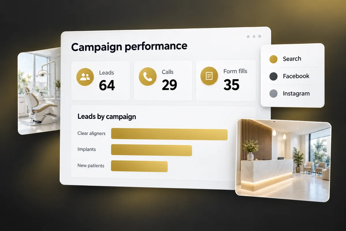 Illustration: a campaign dashboard with leads, calls and form fills, and leads by campaign