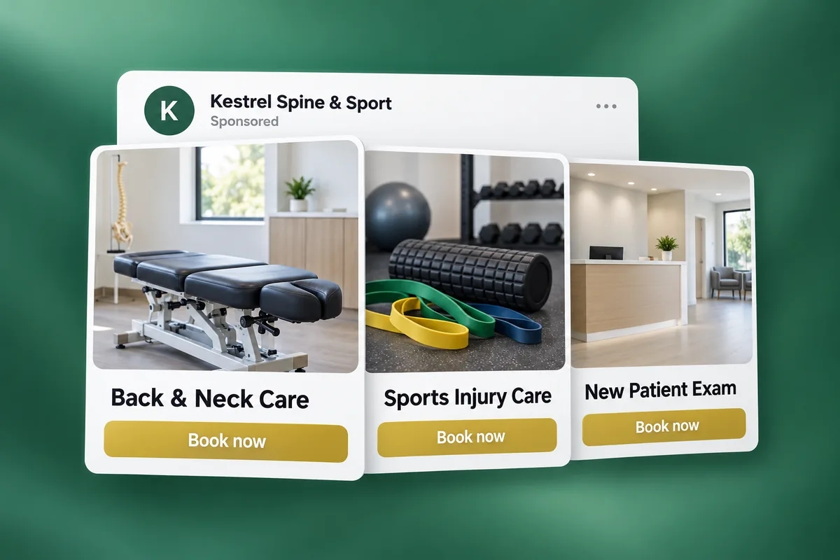 Illustration: three sponsored posts from a chiropractic practice, one per service