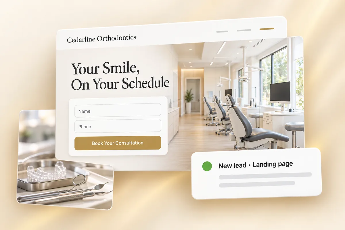 Illustration: an orthodontic landing page form with a new lead notification