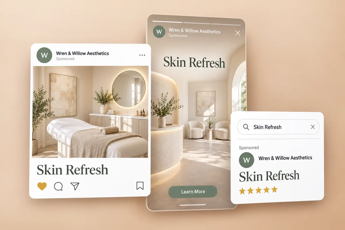 Illustration: one med spa campaign shown as feed, story and search ads
