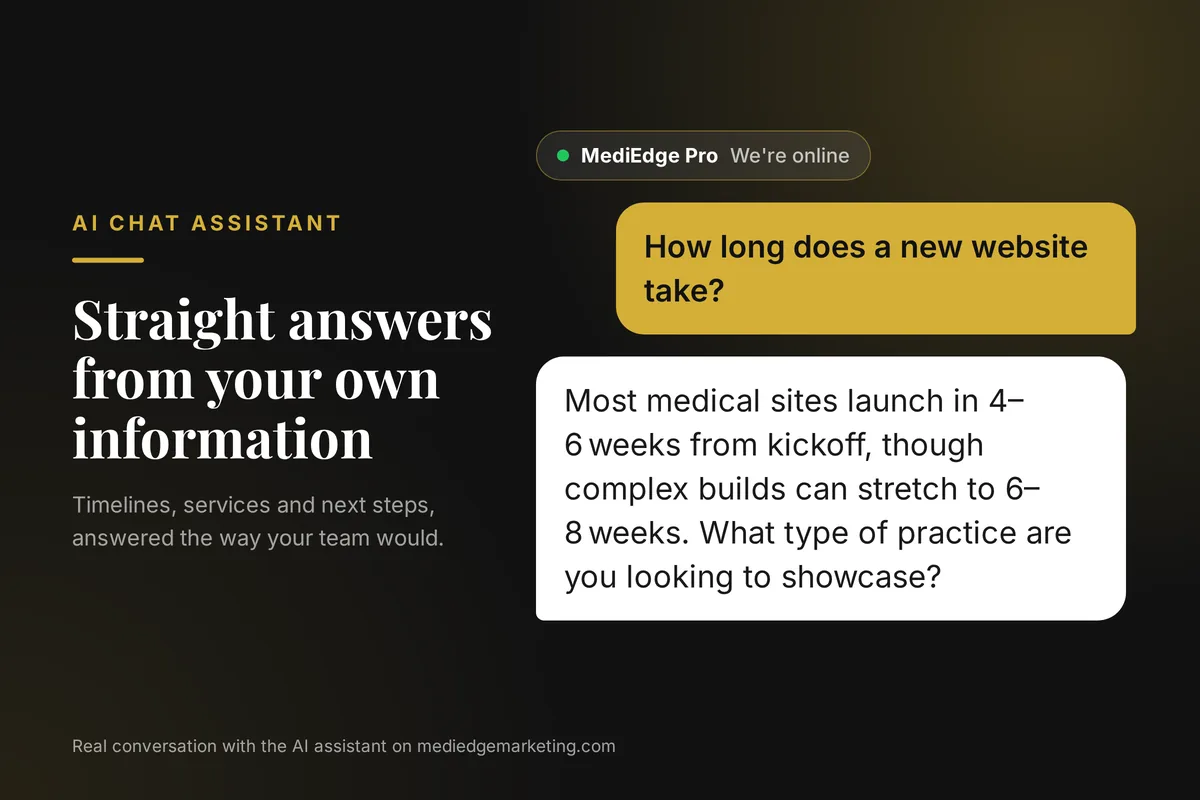 Our AI chat assistant answering "How long does a new website take?" on mediedgemarketing.com