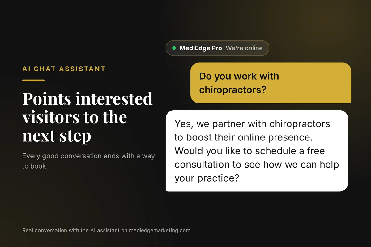 Our AI chat assistant answering "Do you work with chiropractors?" on mediedgemarketing.com