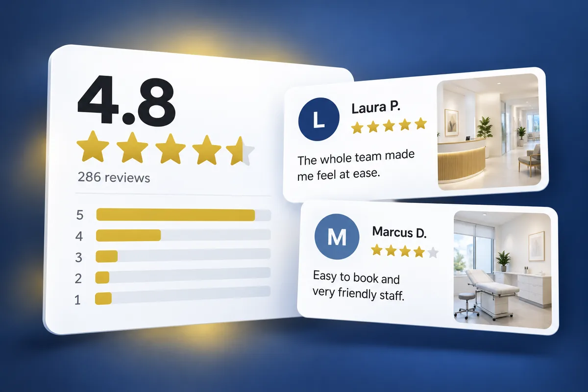 Illustration: a 4.8-star rating summary with two patient reviews