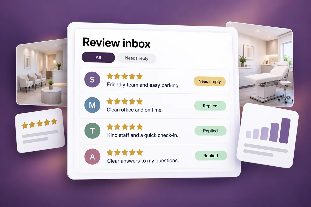Illustration: a review inbox showing which reviews need a reply