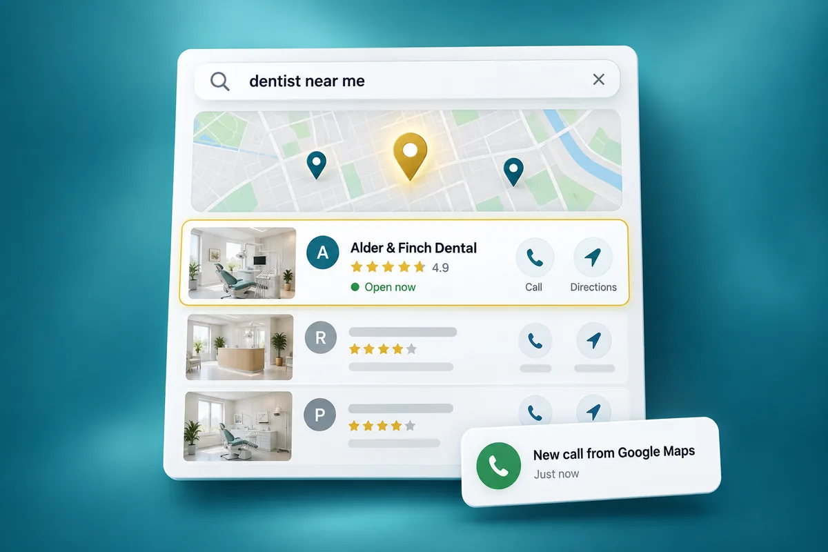 Illustration: local search results for “dentist near me” with a new call from Google Maps