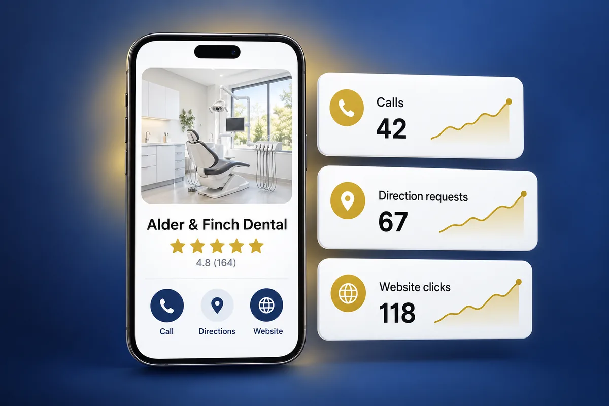 Illustration: a dental practice’s business profile with counts of calls, direction requests and website clicks
