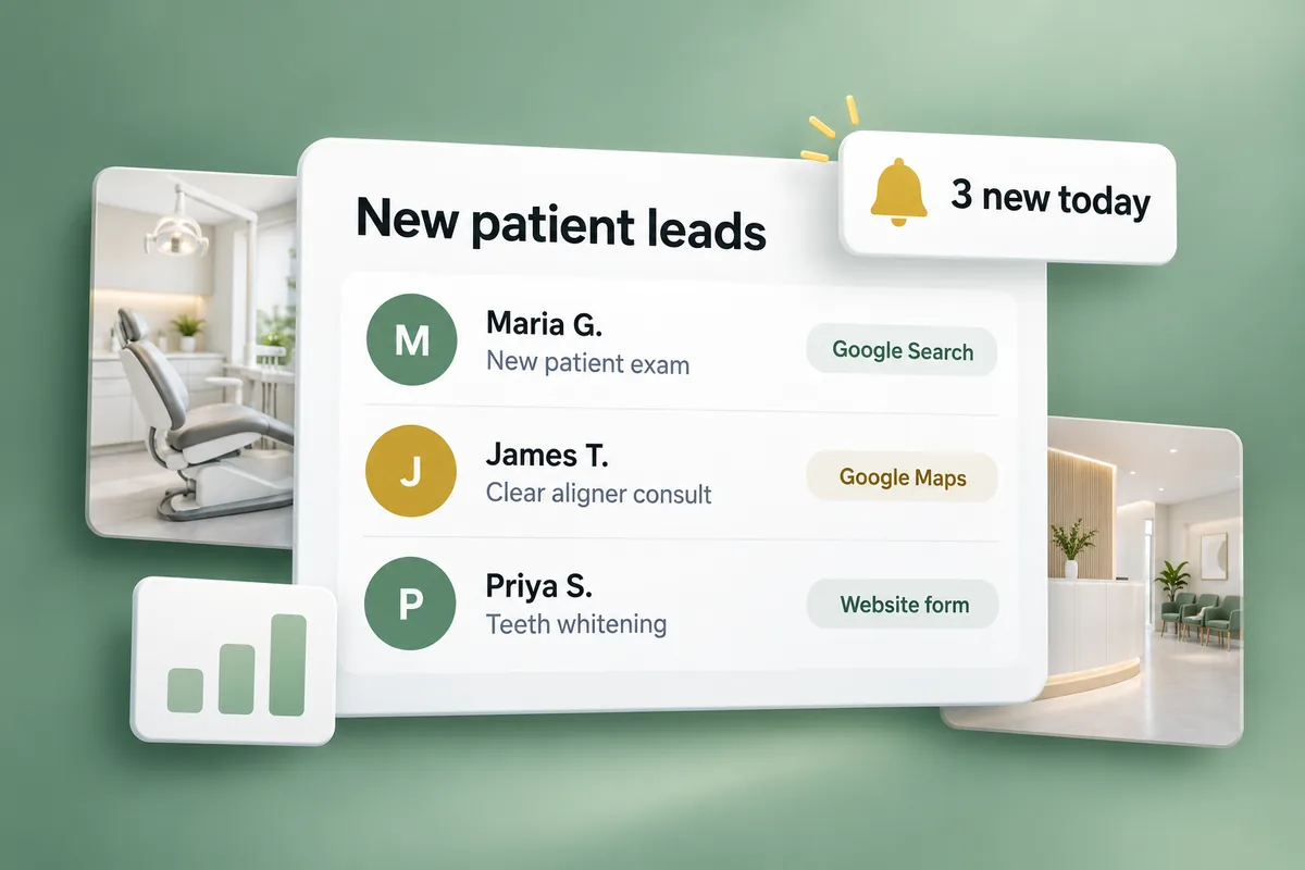Illustration: new patient leads from Google Search, Google Maps and a website form