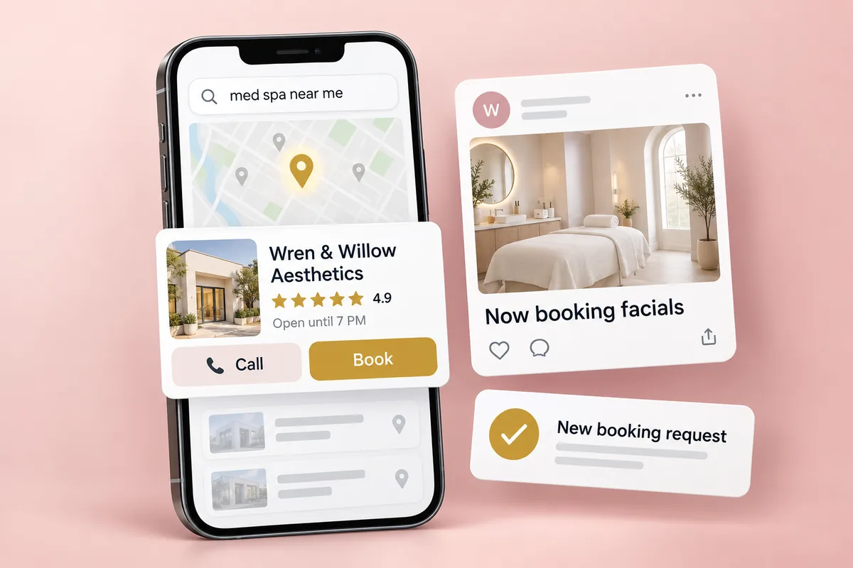 Illustration: mobile search results for “med spa near me” and a new booking request