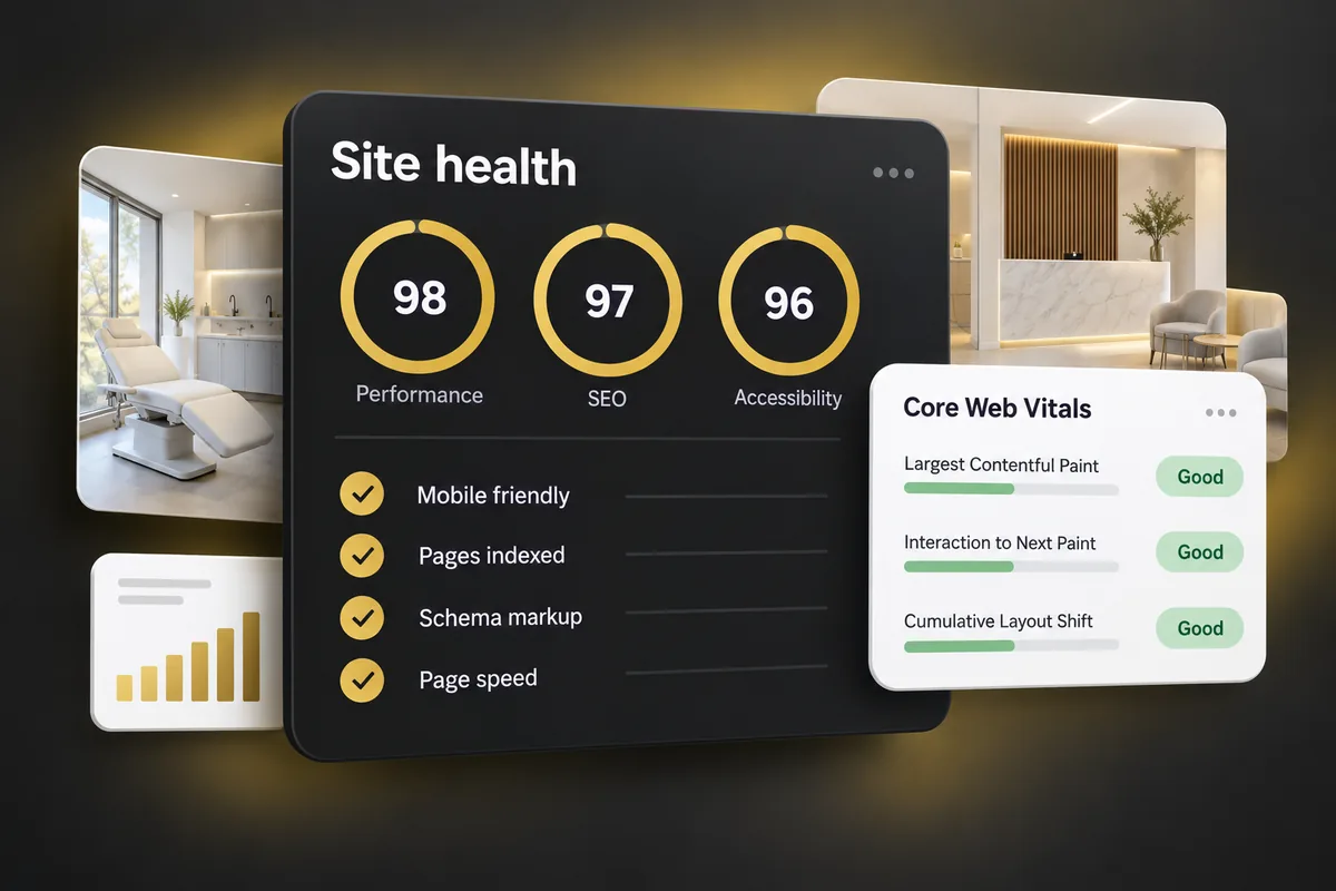 Illustration: a site health report with performance, SEO and accessibility scores