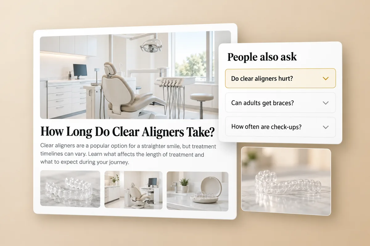Illustration: a dental blog article next to a “People also ask” search panel