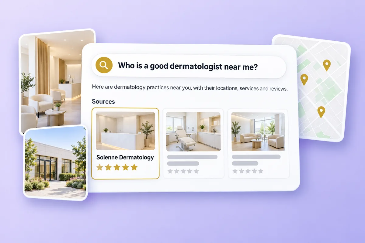 Illustration: an AI search answer citing a dermatology practice as a source