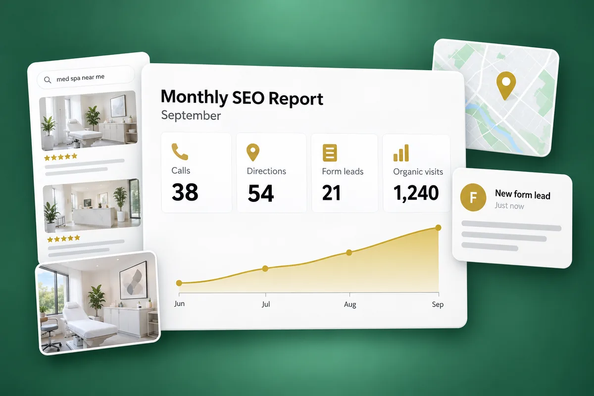 Illustration: a monthly SEO report with calls, directions, form leads and organic visits
