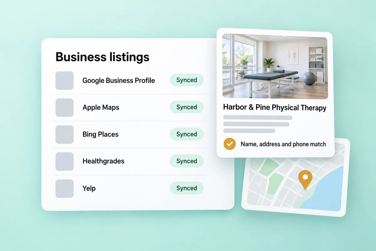 Illustration: business listings synced across directories with matching name, address and phone